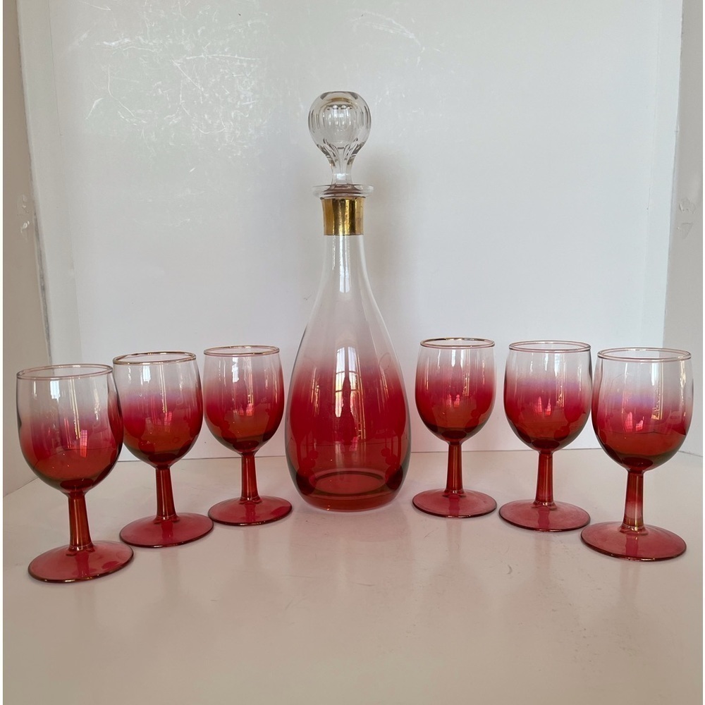 Vintage Cranberry Glass Decanter with Crystal Stopper & 6 Wine Glasses Set - Picture 1 of 15